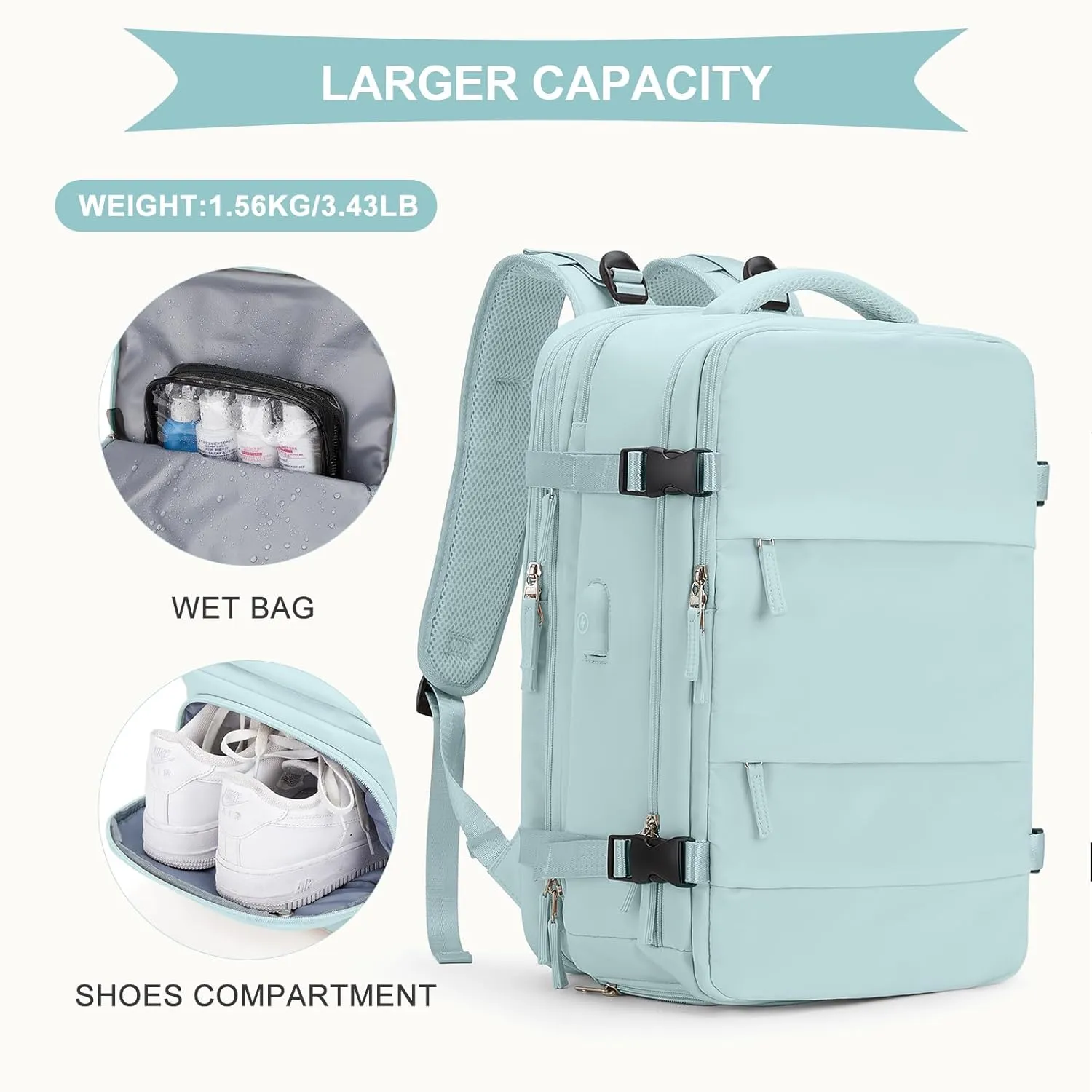 coowoz Large Travel Backpack For Women Men, Carry On Backpack,Hiking Backpack Waterproof Outdoor Sports Rucksack Casual Daypack Expandable Heavy Duty Extra large Backpack Blue Expansion