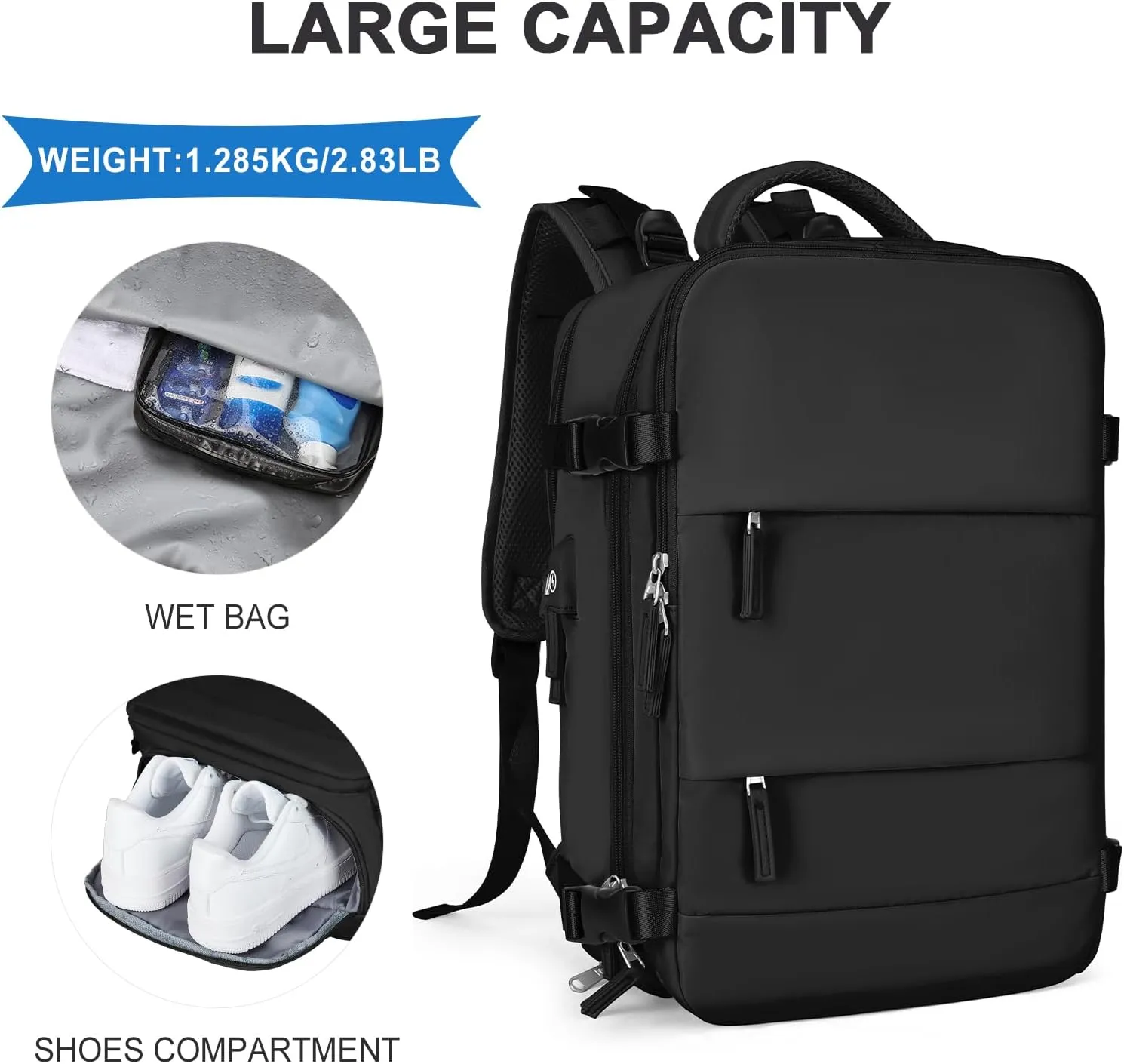 coowoz Large Travel Backpack For Women Men,Carry On Backpack,Hiking Backpack Waterproof Outdoor Sports Rucksack Casual Daypack Travel EssentialsBlack