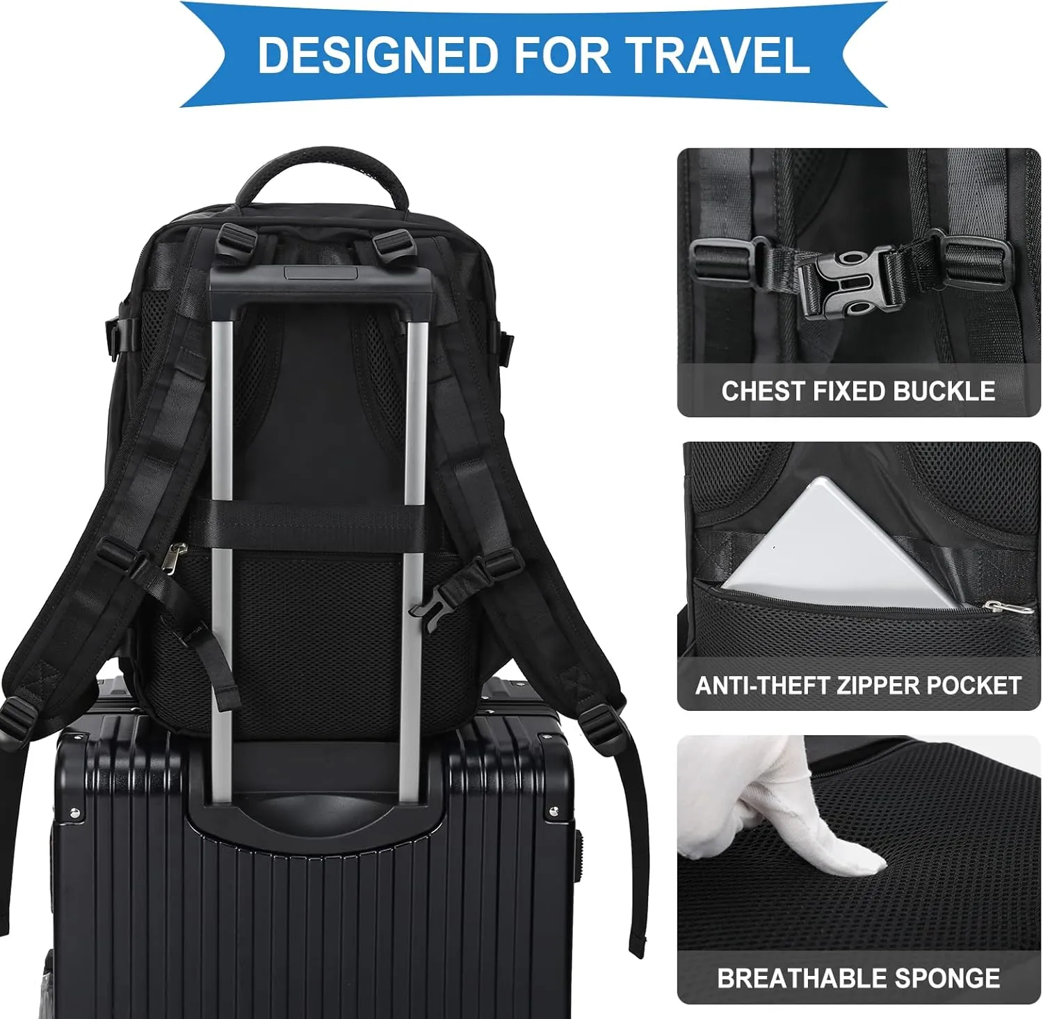 coowoz Large Travel Backpack For Women Men,Carry On Backpack,Hiking Backpack Waterproof Outdoor Sports Rucksack Casual Daypack Travel EssentialsBlack