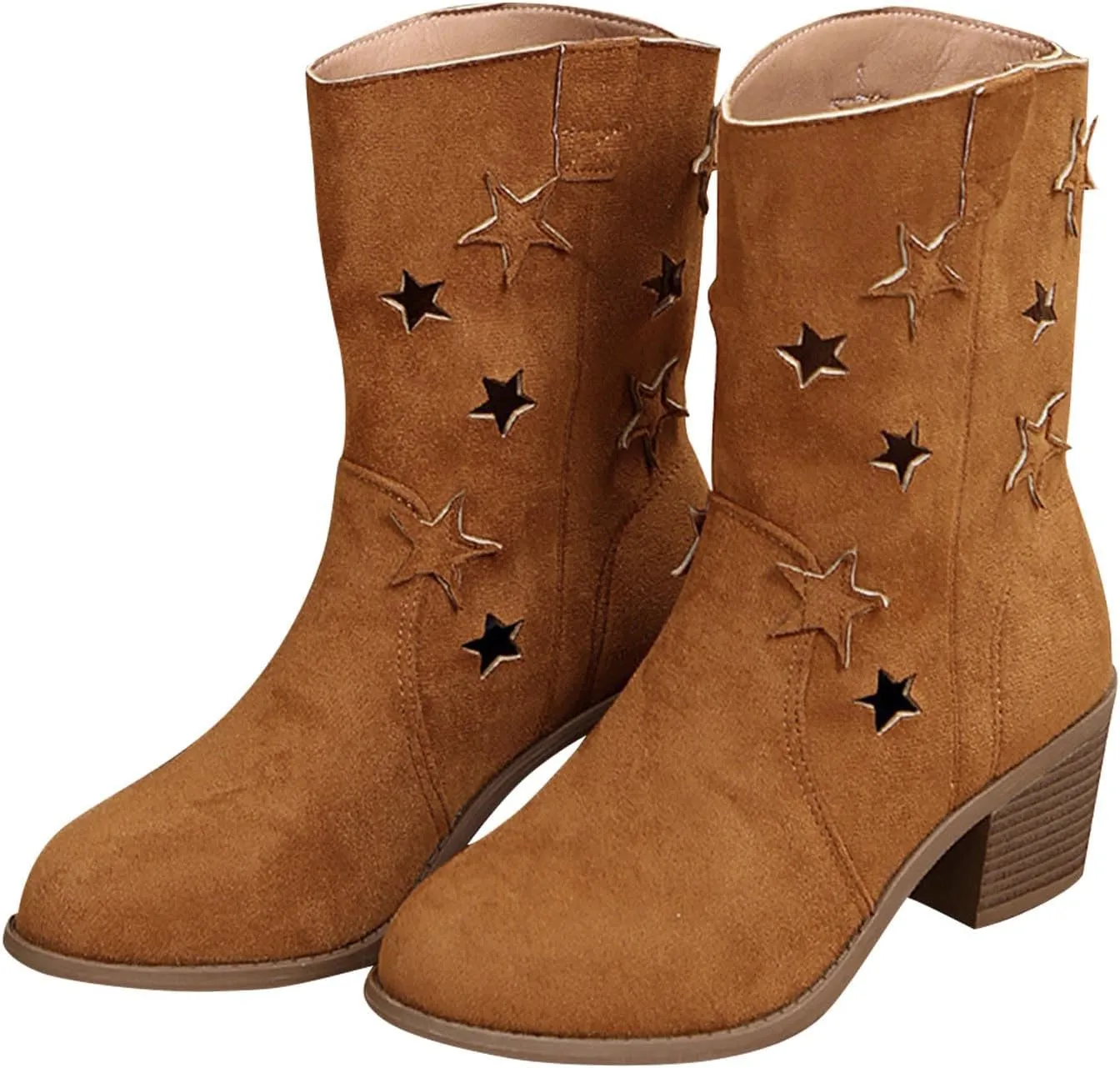Cowboy Boots for Womens Vintage Chunky Heel Pointed Toe Hollow Breathable Ankle Booties, Wide Calf Boots for Women