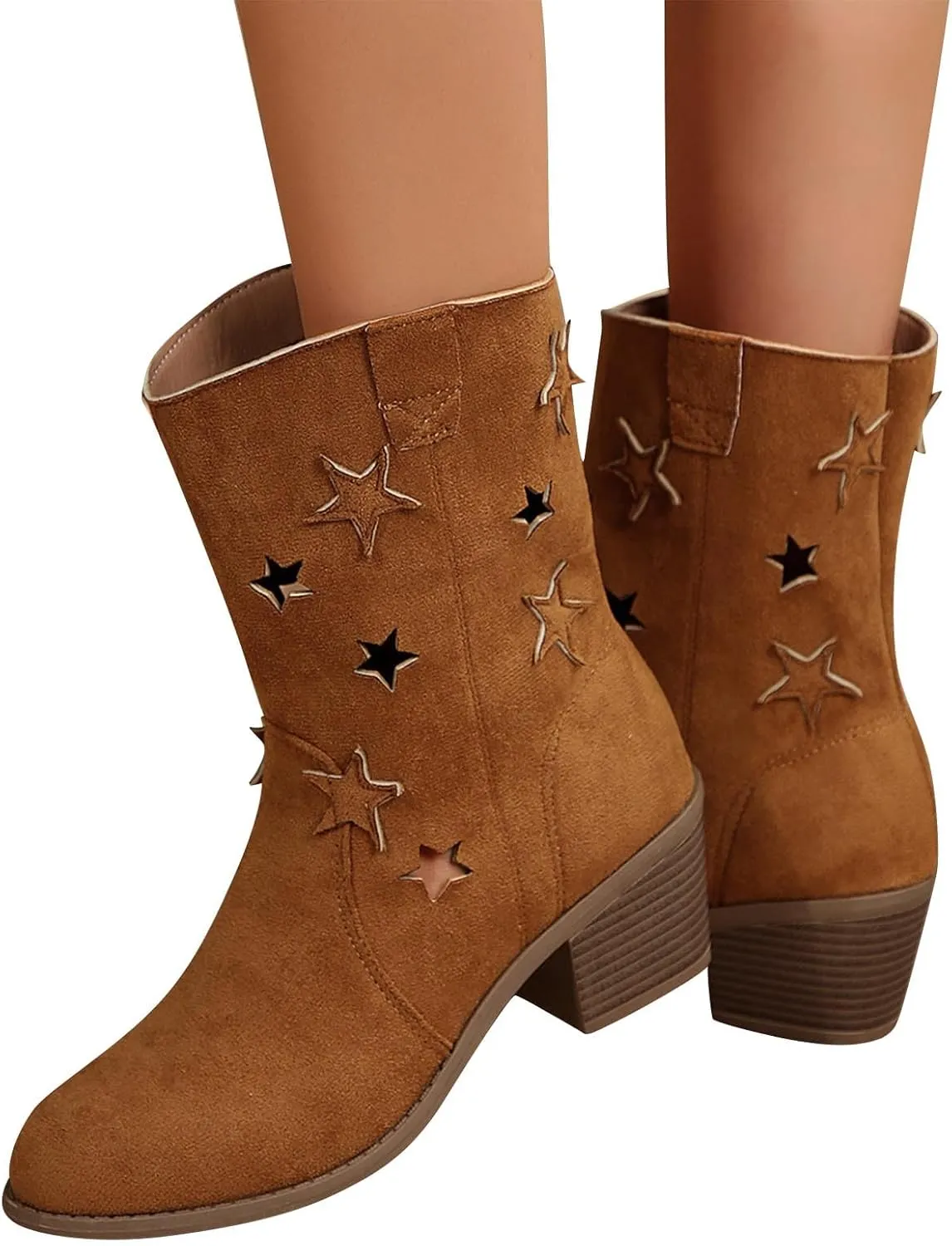 Cowboy Boots for Womens Vintage Chunky Heel Pointed Toe Hollow Breathable Ankle Booties, Wide Calf Boots for Women