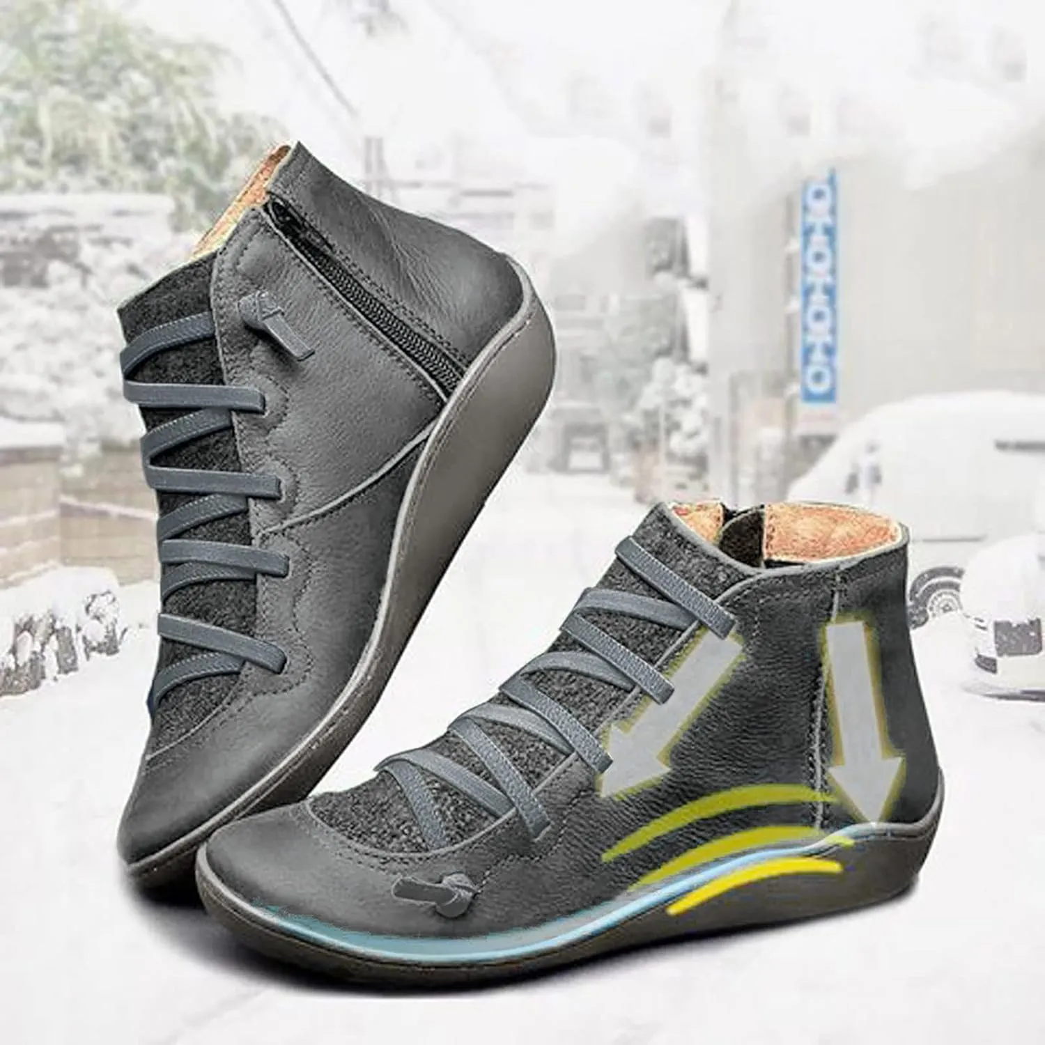 Crzidha Hiking Boots with Arch Support for Women Wide Width Side Zipper Lace Up Round Toe Flat Ankle Boots Comfy Orthopedic Lightweight Outdoor Booties for Plantar Fasciitis