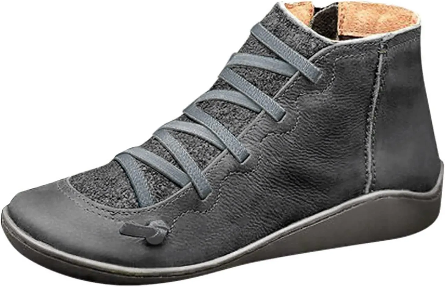 Crzidha Hiking Boots with Arch Support for Women Wide Width Side Zipper Lace Up Round Toe Flat Ankle Boots Comfy Orthopedic Lightweight Outdoor Booties for Plantar Fasciitis