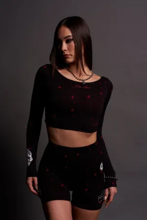 Darc Script "Everson Seamless" Chloe L/S Top in Black/Red Starry Night