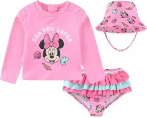 Disney Baby Girls Minnie Mouse UPF 50  Rash Guard, Bikini Bottom, & Hat 3-Piece Swimsuit Set for Infants