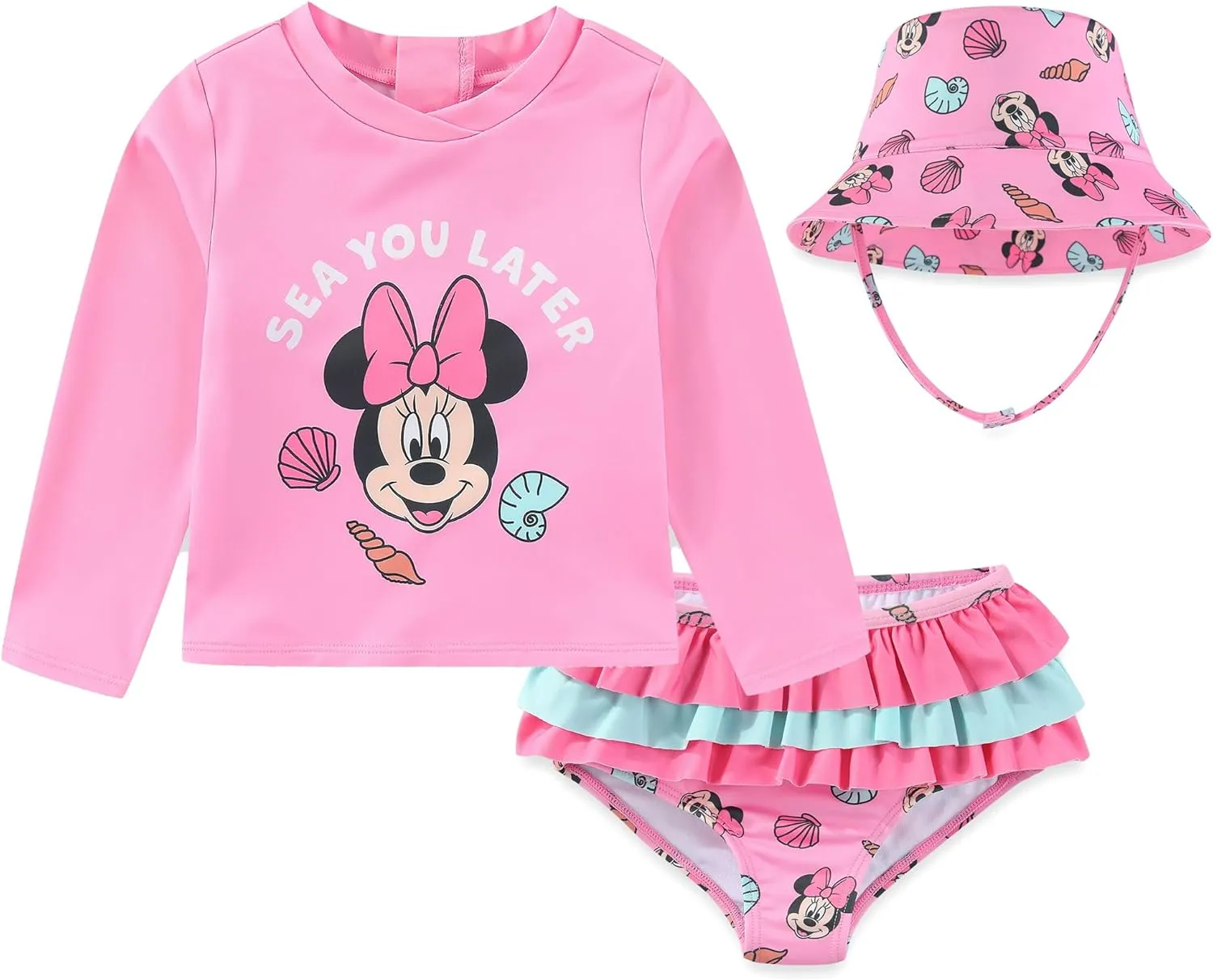 Disney Baby Girls Minnie Mouse UPF 50  Rash Guard, Bikini Bottom, & Hat 3-Piece Swimsuit Set for Infants