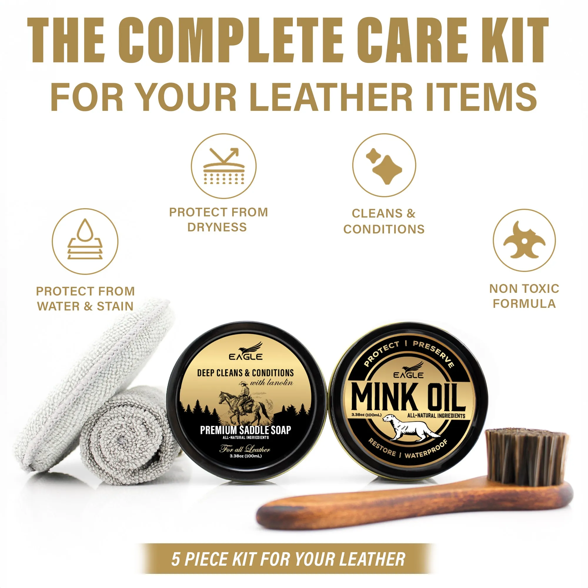 Eagle Leather Boot Care Kit – Mink Oil, Saddle Soap for Leather, Applicators & Cloth – Leather Care Kit, Boot Leather Care Kit, Leather Shoe Care Kit for Cowboy Boots, Work Boots, Shoes, and Tack