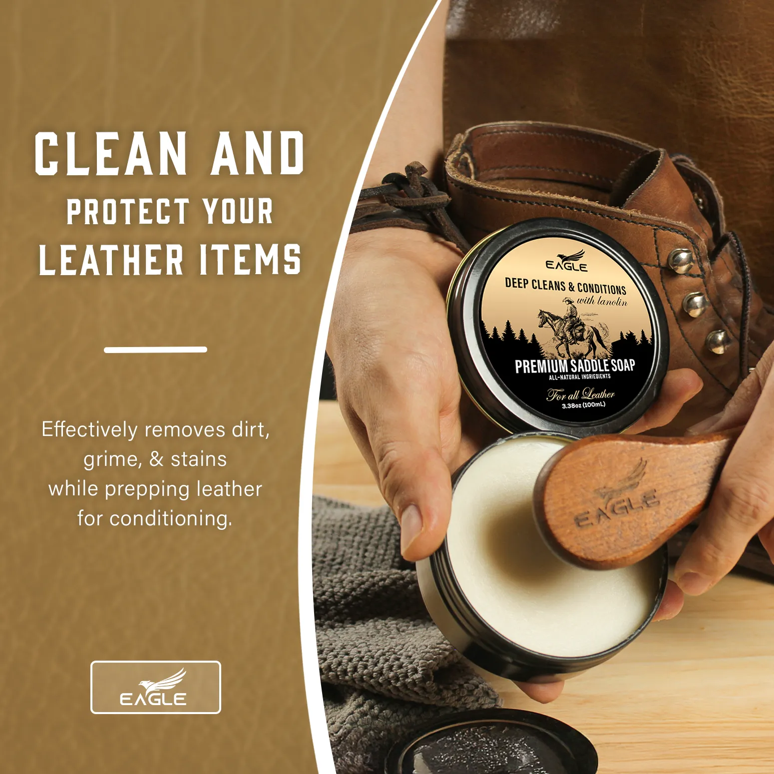 Eagle Leather Boot Care Kit – Mink Oil, Saddle Soap for Leather, Applicators & Cloth – Leather Care Kit, Boot Leather Care Kit, Leather Shoe Care Kit for Cowboy Boots, Work Boots, Shoes, and Tack