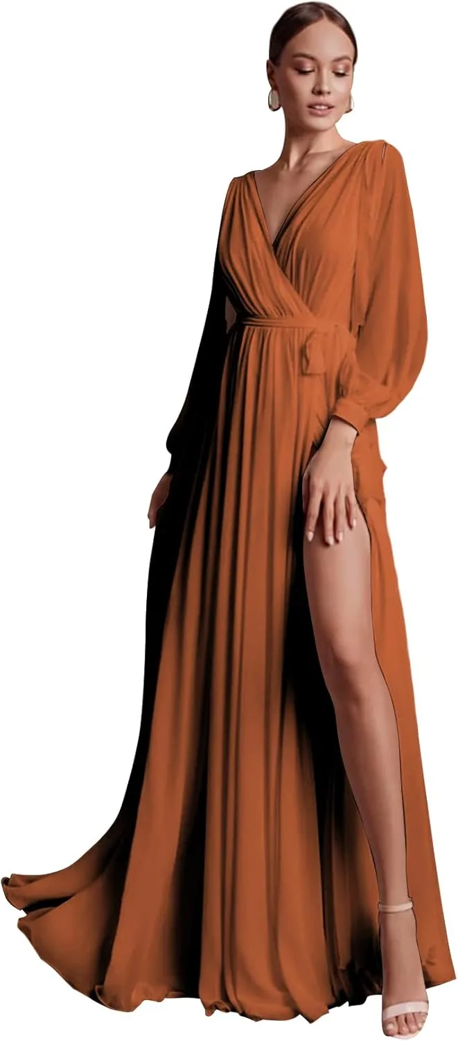 Elegant Bridesmaid Dresses with Sash Slit Long Sleeves V Neck A Line Chiffon Formal Gowns and Evening Dresses