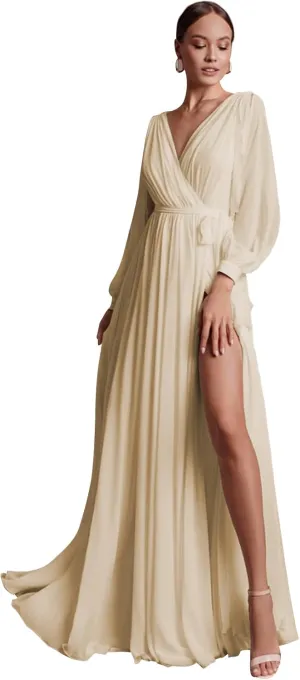 Elegant Bridesmaid Dresses with Sash Slit Long Sleeves V Neck A Line Chiffon Formal Gowns and Evening Dresses