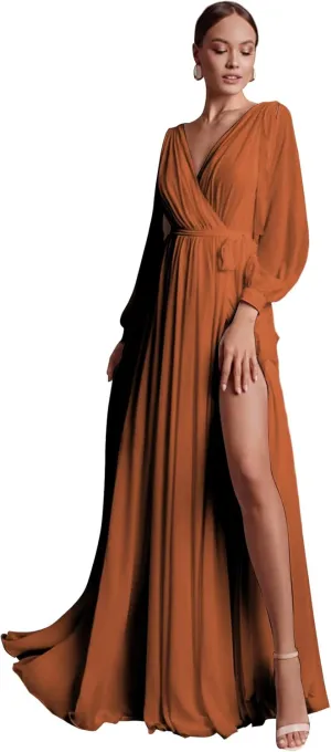 Elegant Bridesmaid Dresses with Sash Slit Long Sleeves V Neck A Line Chiffon Formal Gowns and Evening Dresses