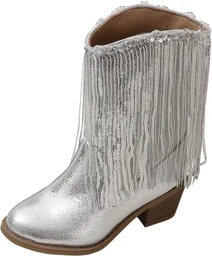 Girls Fringe ??hinestone Tassel Cowboy Boots Western Cow-girl Pointed Toe Block High Heel Zipper Bog Herringbone Boots