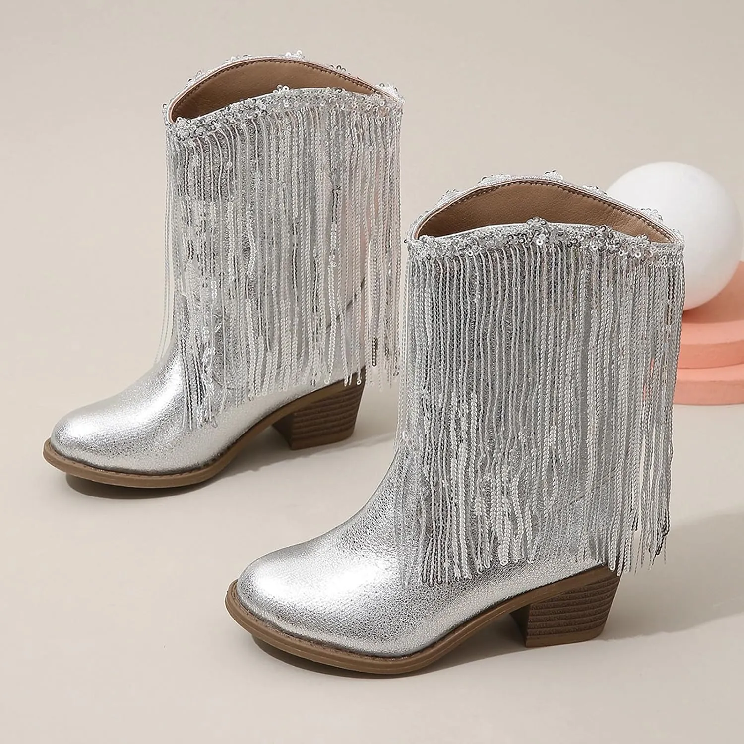 Girls Fringe ??hinestone Tassel Cowboy Boots Western Cow-girl Pointed Toe Block High Heel Zipper Bog Herringbone Boots