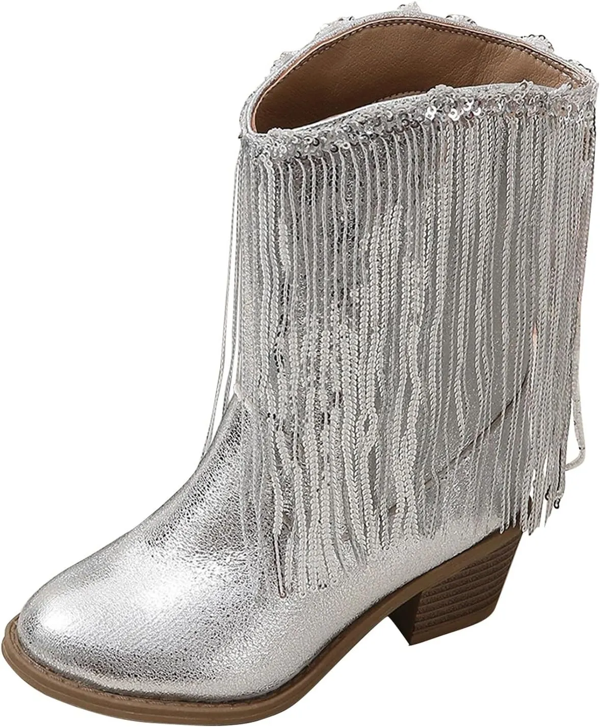 Girls Fringe ??hinestone Tassel Cowboy Boots Western Cow-girl Pointed Toe Block High Heel Zipper Bog Herringbone Boots