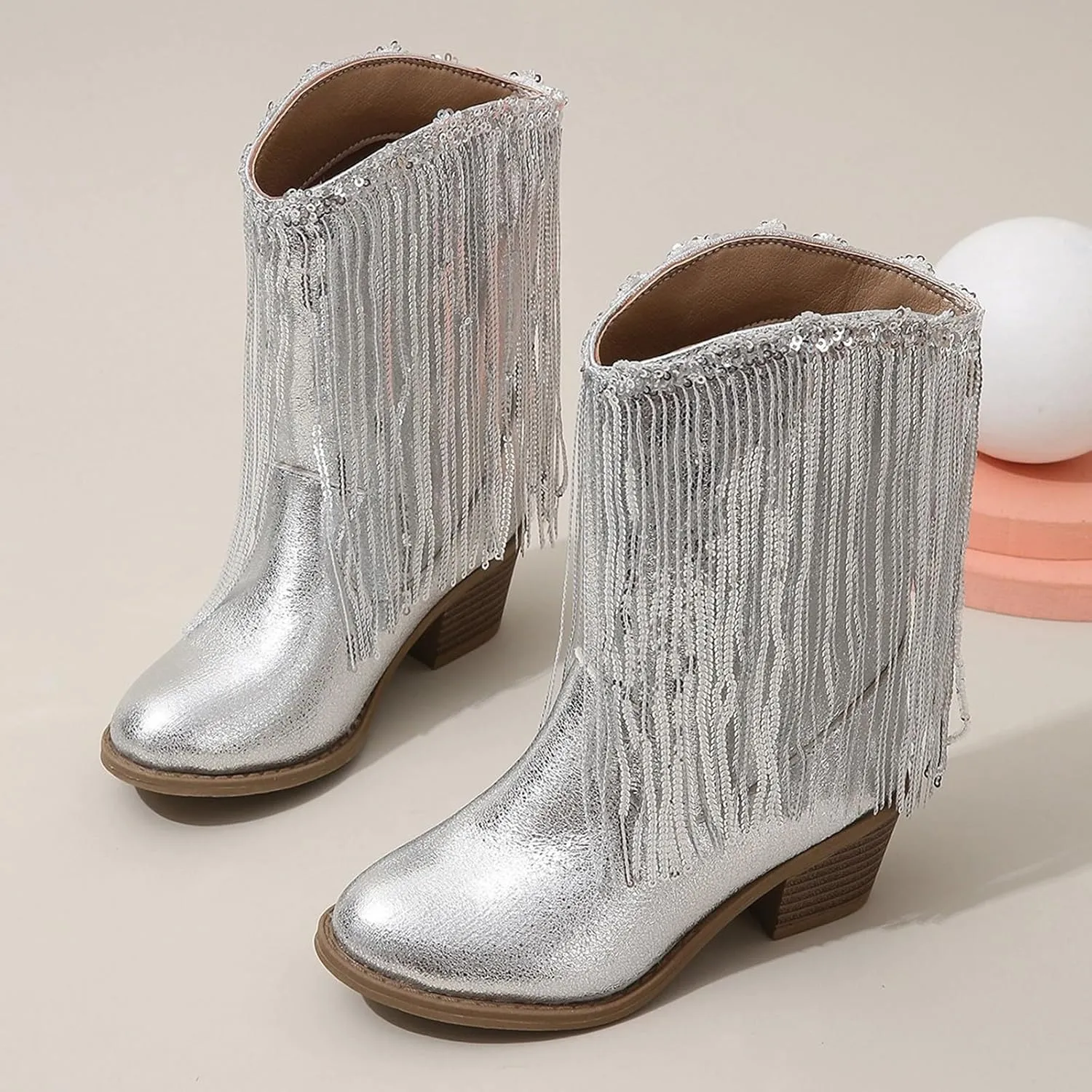 Girls Fringe ??hinestone Tassel Cowboy Boots Western Cow-girl Pointed Toe Block High Heel Zipper Bog Herringbone Boots