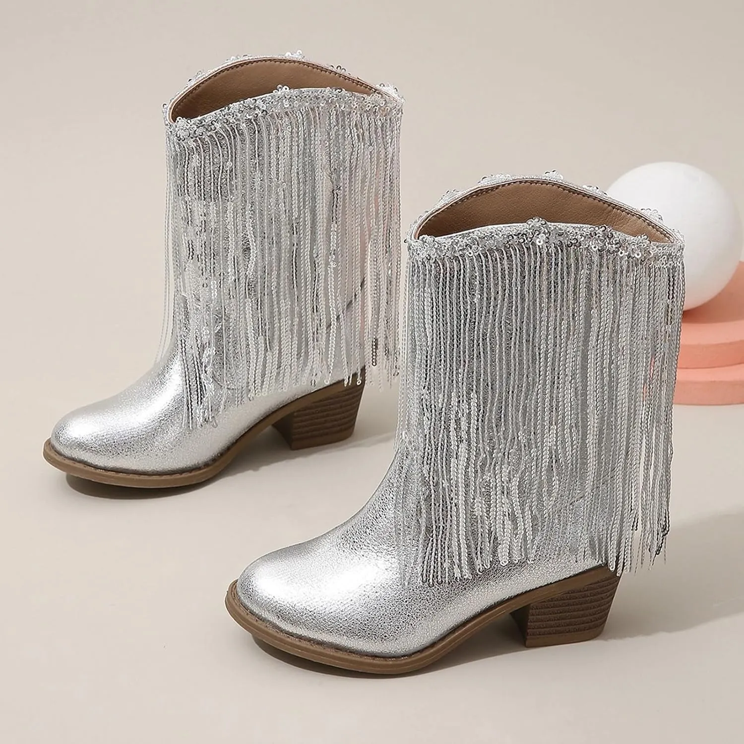 Girls Fringe ??hinestone Tassel Cowboy Boots Western Cow-girl Pointed Toe Block High Heel Zipper Bog Herringbone Boots