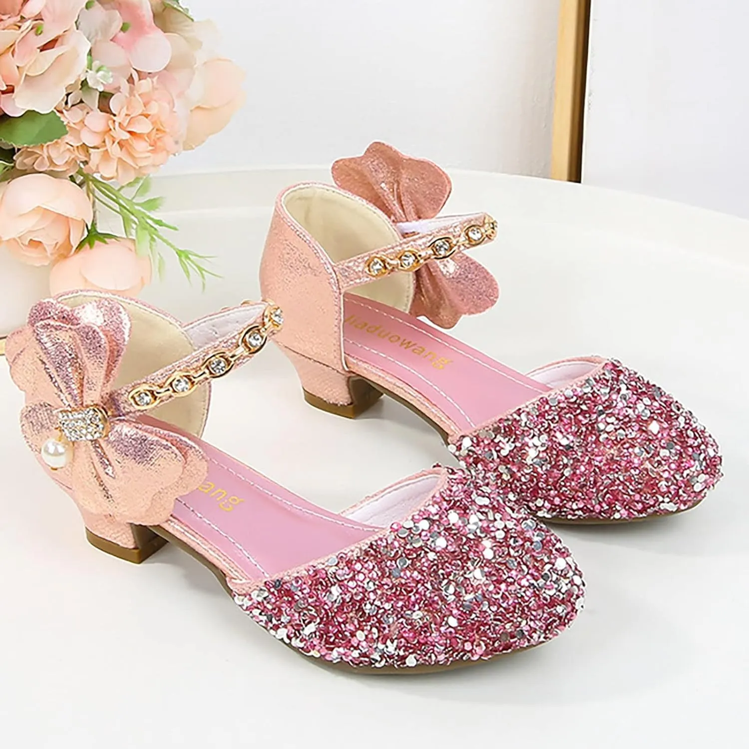 Girls Low Heel Sparkly Dress Shoes Mary Jane Flower Girls Wedding Birthday Pary Dress Shoes for Little/Big Kids