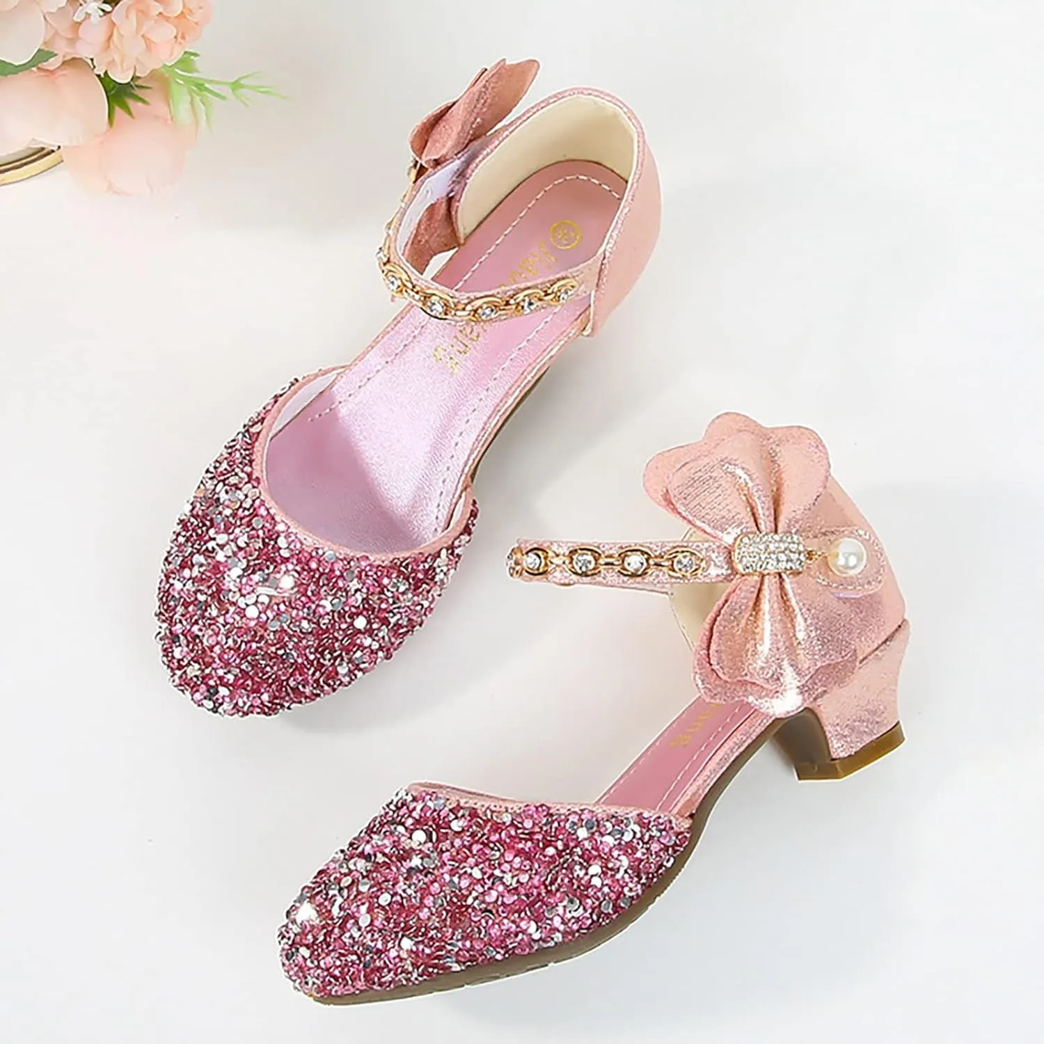 Girls Low Heel Sparkly Dress Shoes Mary Jane Flower Girls Wedding Birthday Pary Dress Shoes for Little/Big Kids