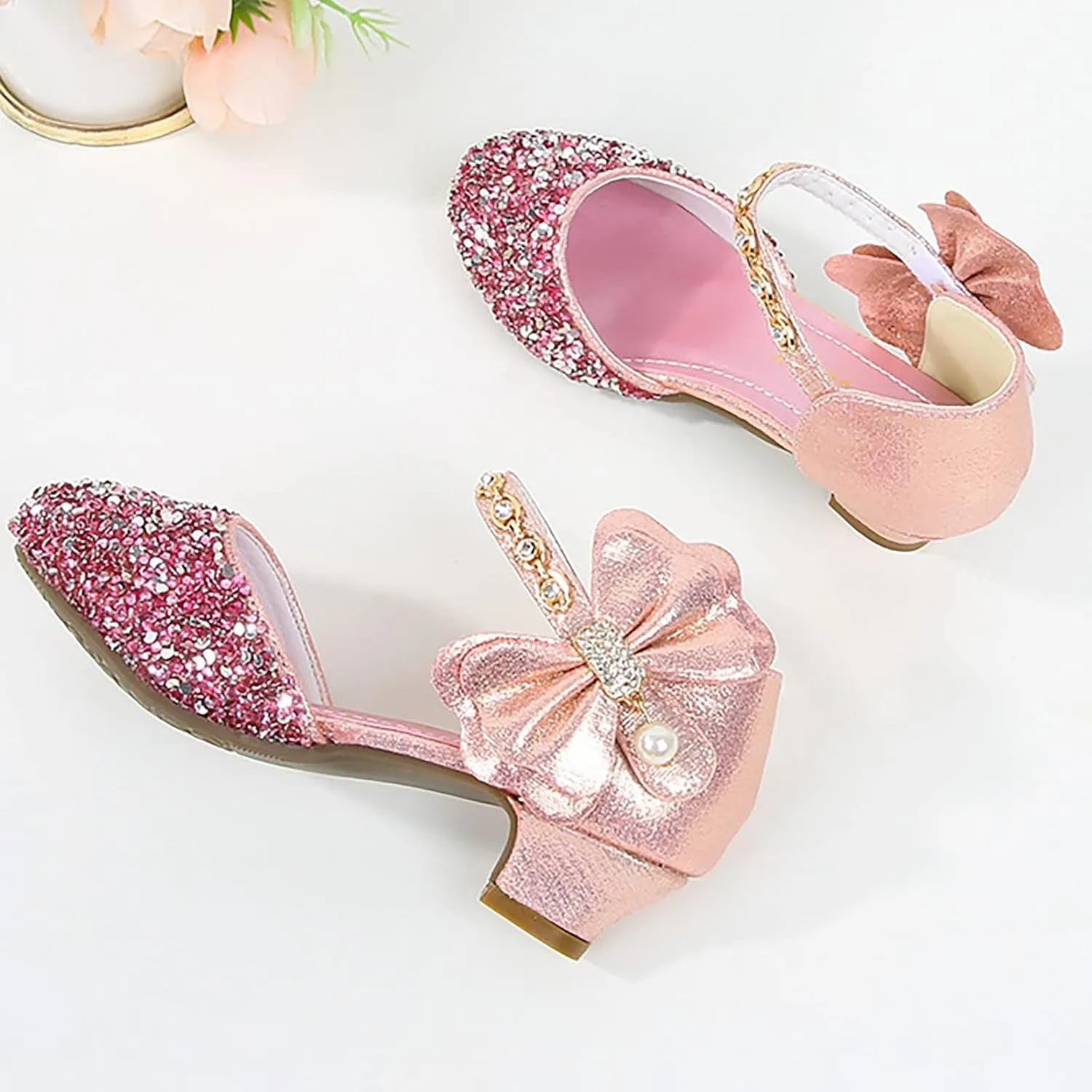 Girls Low Heel Sparkly Dress Shoes Mary Jane Flower Girls Wedding Birthday Pary Dress Shoes for Little/Big Kids
