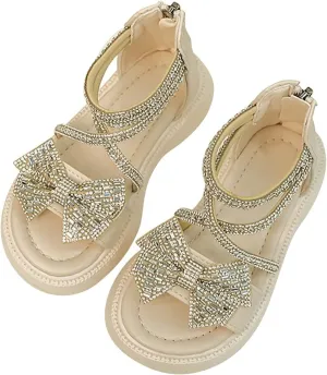 Girl's Rhinestone Gladiator Sandals Sparkly Cute Bowknot Open Toe Princess Sandals with Zipper Kids Beach Roman Shoes