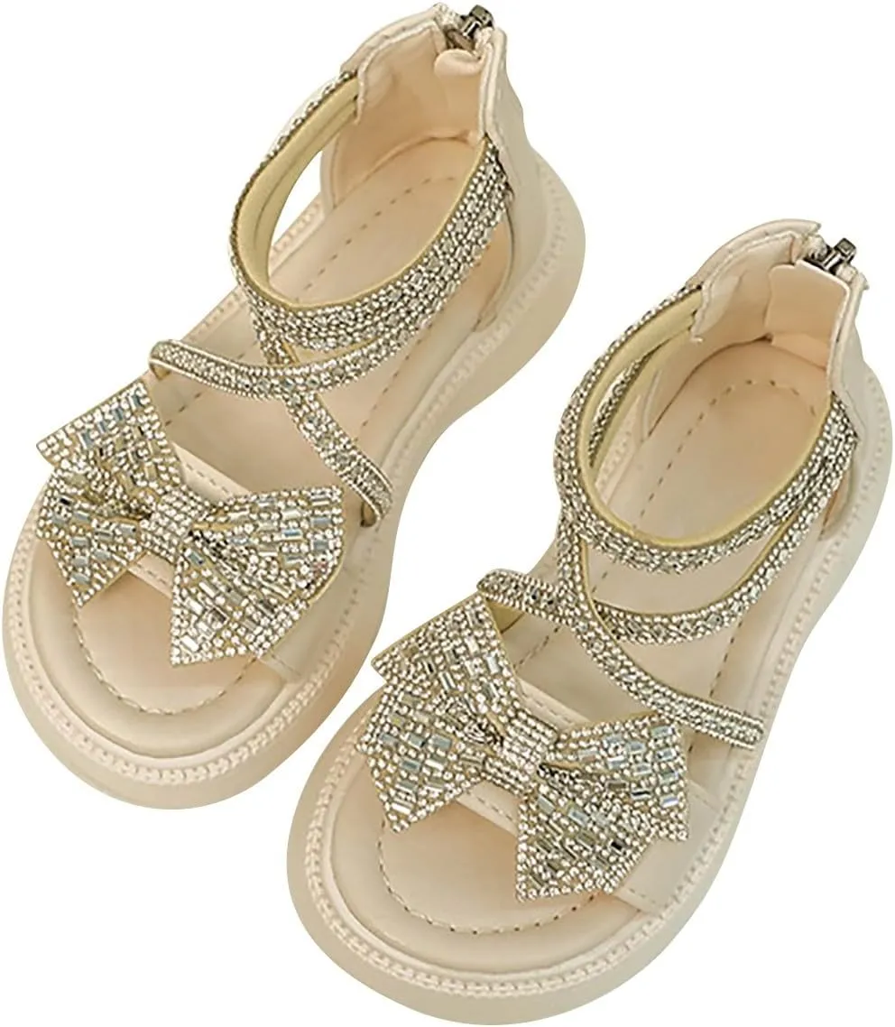 Girl's Rhinestone Gladiator Sandals Sparkly Cute Bowknot Open Toe Princess Sandals with Zipper Kids Beach Roman Shoes