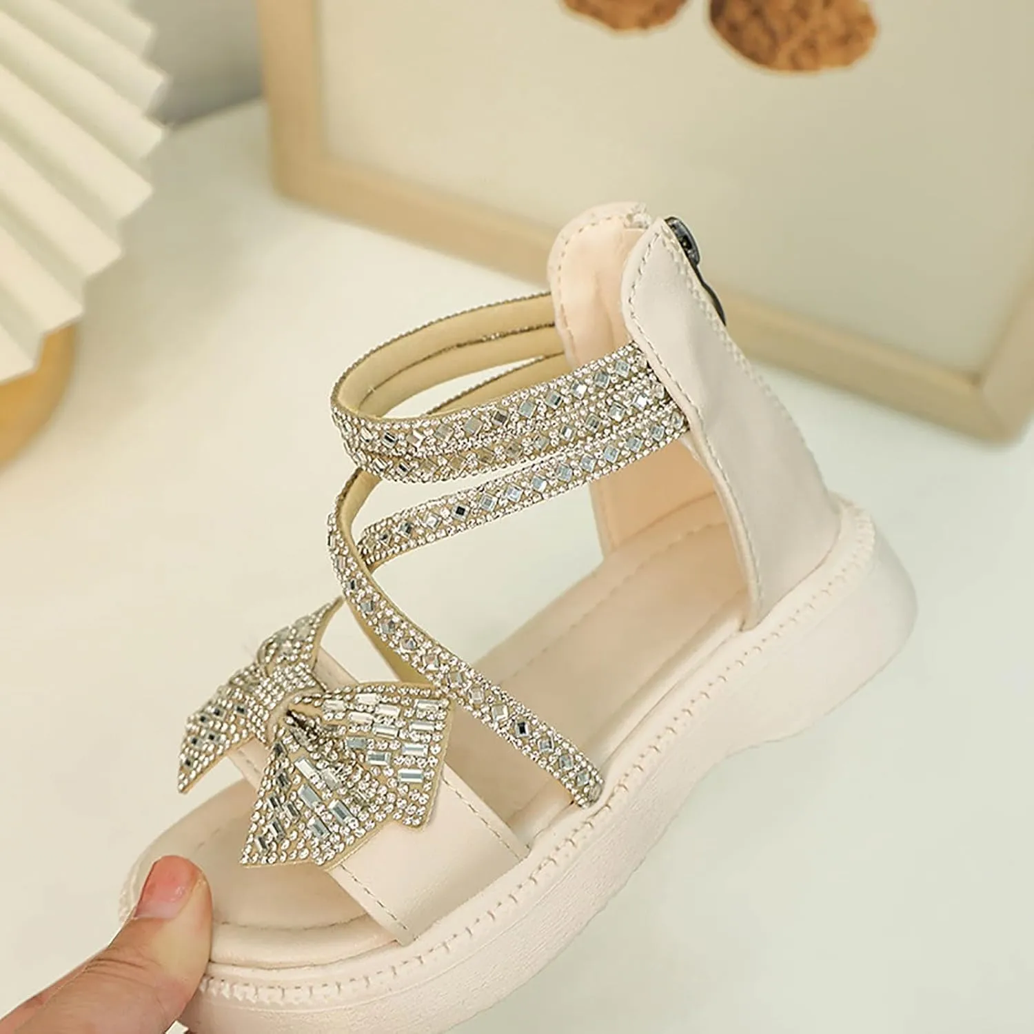 Girl's Rhinestone Gladiator Sandals Sparkly Cute Bowknot Open Toe Princess Sandals with Zipper Kids Beach Roman Shoes