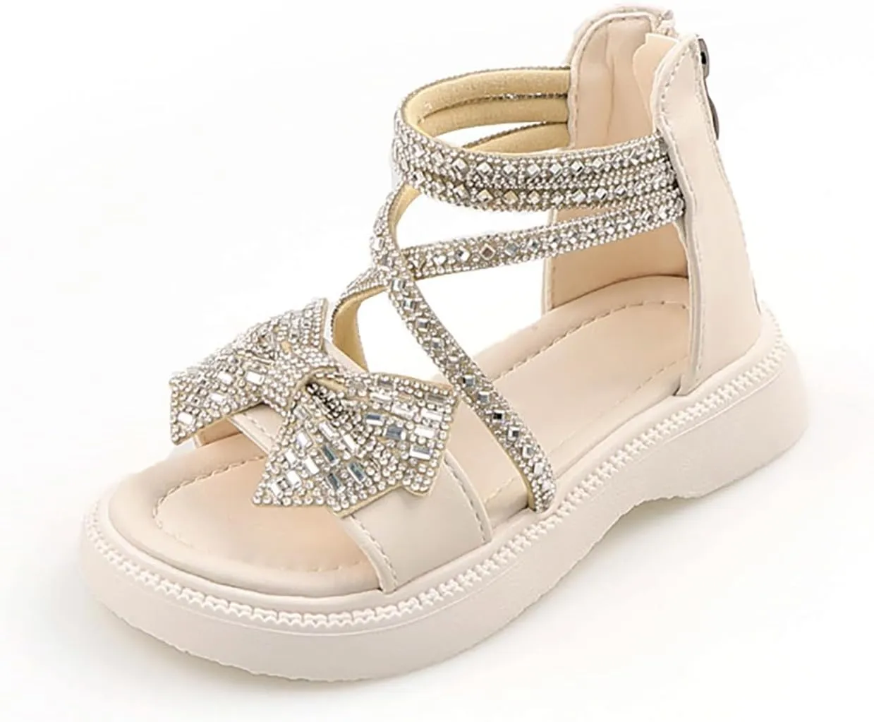 Girl's Rhinestone Gladiator Sandals Sparkly Cute Bowknot Open Toe Princess Sandals with Zipper Kids Beach Roman Shoes