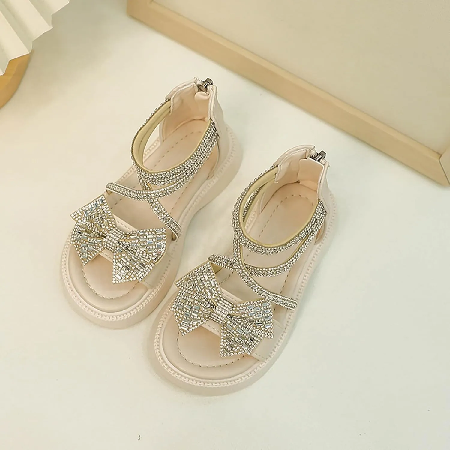 Girl's Rhinestone Gladiator Sandals Sparkly Cute Bowknot Open Toe Princess Sandals with Zipper Kids Beach Roman Shoes