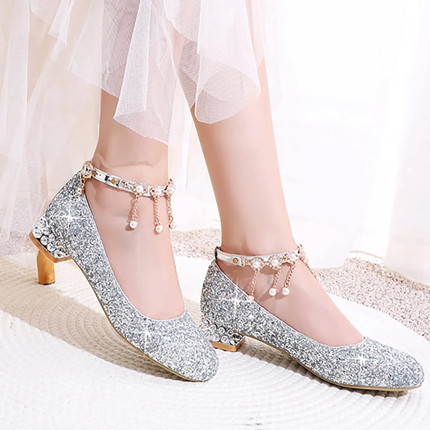 Girls Sparkly Mary Jane Low Heel Dress Shoes Bridesmaids Princess Glitter Shiny Closed Toe Wedding Pary Shoes