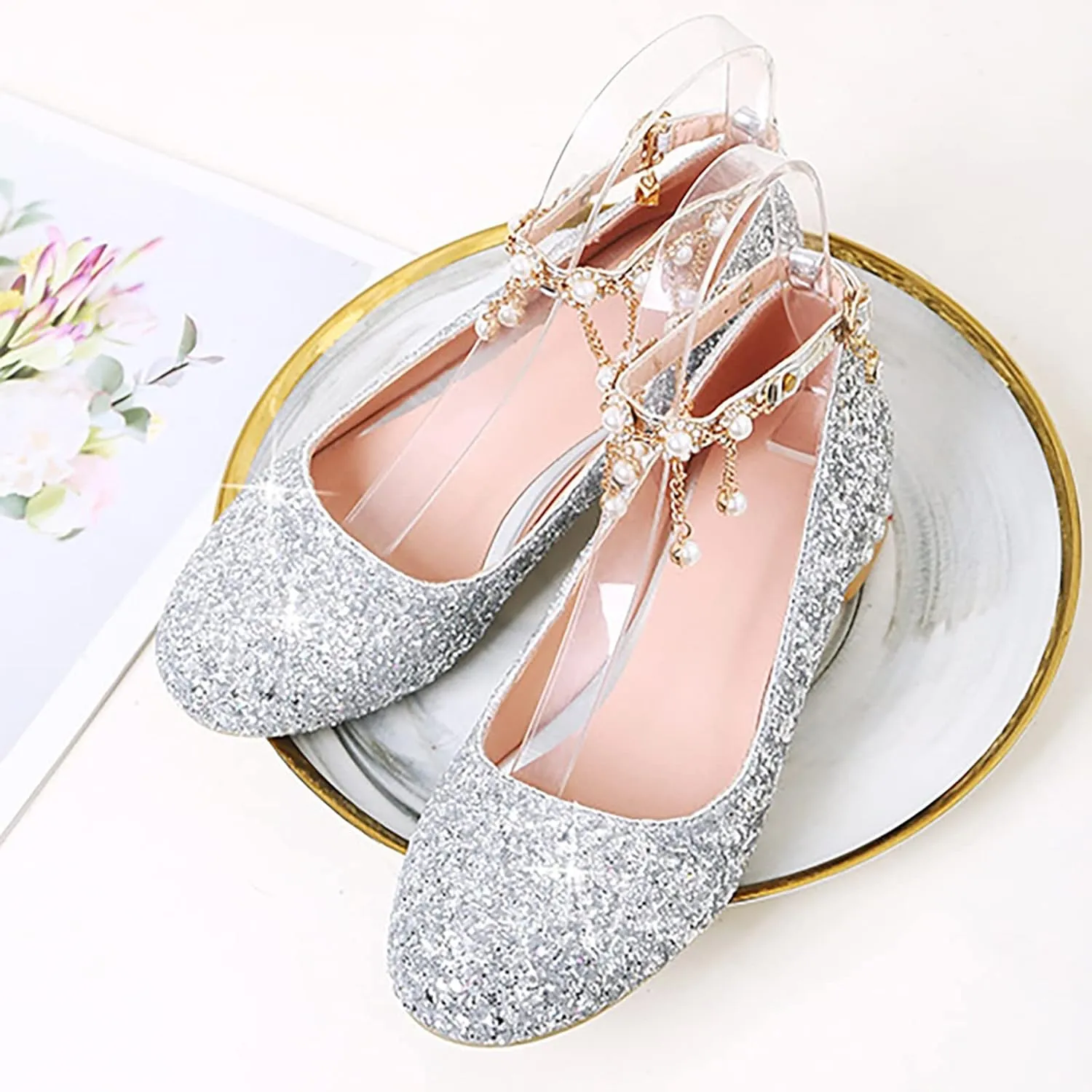 Girls Sparkly Mary Jane Low Heel Dress Shoes Bridesmaids Princess Glitter Shiny Closed Toe Wedding Pary Shoes