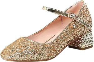 Girls Sparkly Mary Jane Low Heel Dress Shoes Bridesmaids Princess Glitter Shiny Closed Toe Wedding Pary Shoes