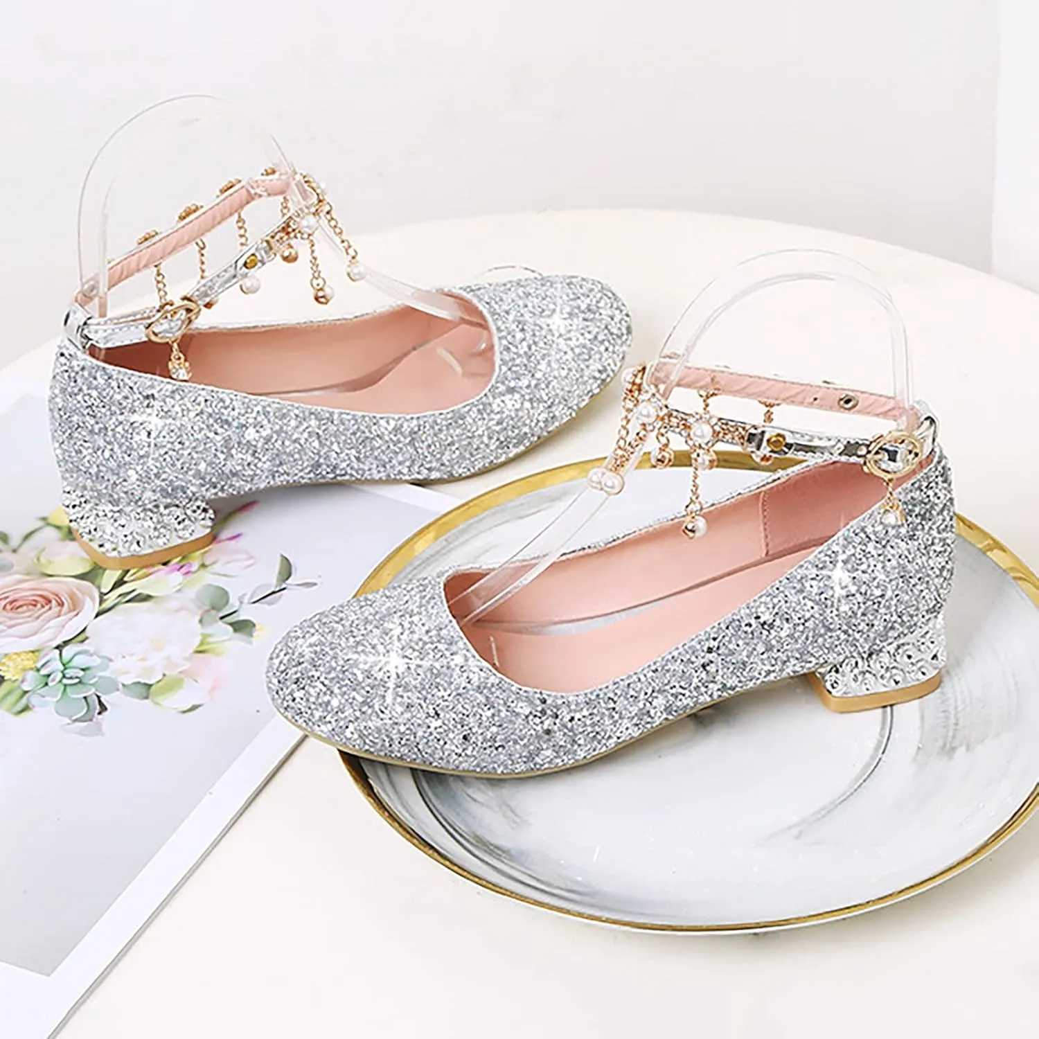 Girls Sparkly Mary Jane Low Heel Dress Shoes Bridesmaids Princess Glitter Shiny Closed Toe Wedding Pary Shoes