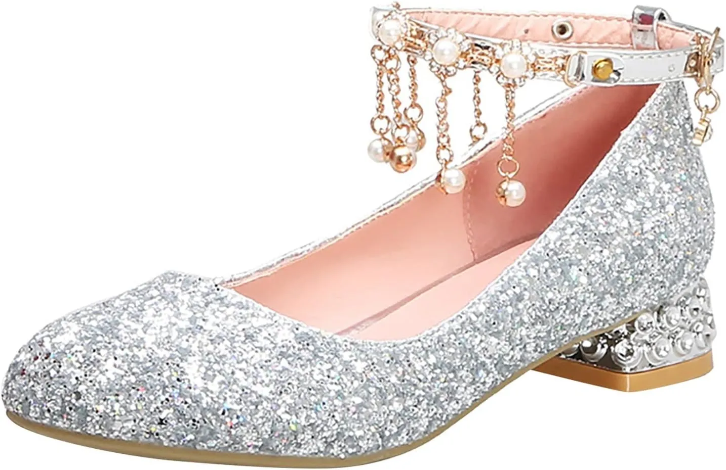 Girls Sparkly Mary Jane Low Heel Dress Shoes Bridesmaids Princess Glitter Shiny Closed Toe Wedding Pary Shoes