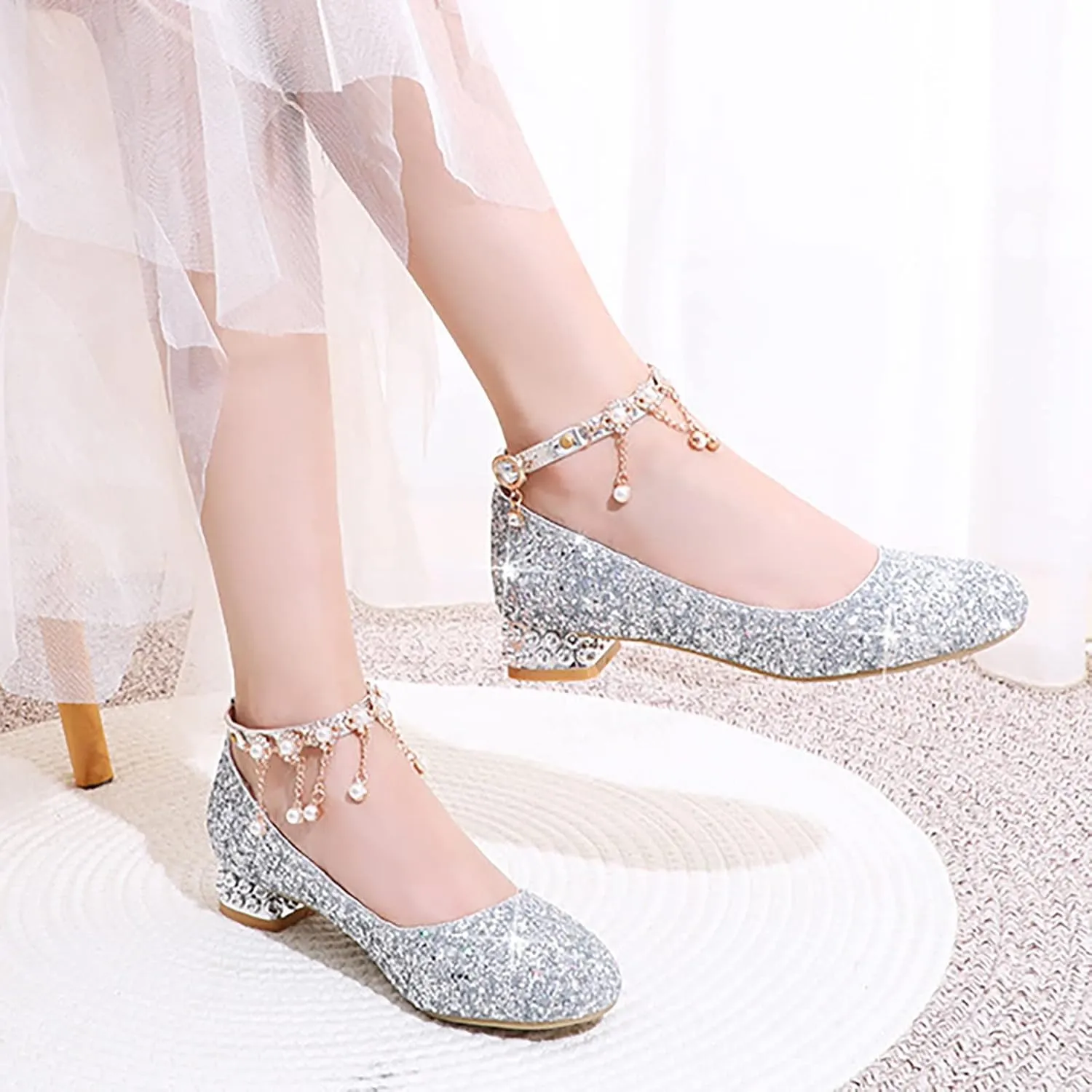 Girls Sparkly Mary Jane Low Heel Dress Shoes Bridesmaids Princess Glitter Shiny Closed Toe Wedding Pary Shoes