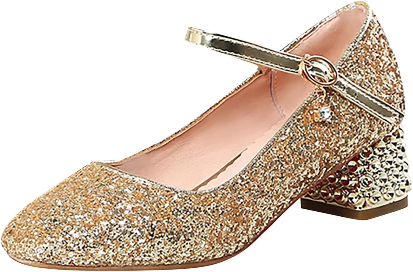 Girls Sparkly Mary Jane Low Heel Dress Shoes Bridesmaids Princess Glitter Shiny Closed Toe Wedding Pary Shoes