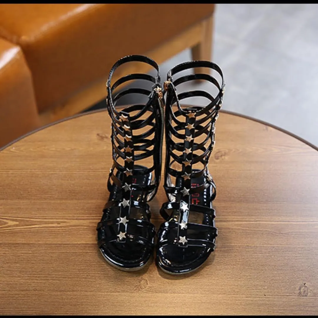 Girls Summer Knee High Rivet Gladiator Sandals Strappy Beach Roman Shoes with Side Zipper