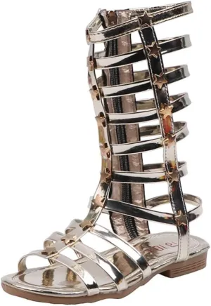 Girls Summer Knee High Rivet Gladiator Sandals Strappy Beach Roman Shoes with Side Zipper