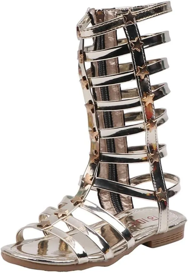 Girls Summer Knee High Rivet Gladiator Sandals Strappy Beach Roman Shoes with Side Zipper