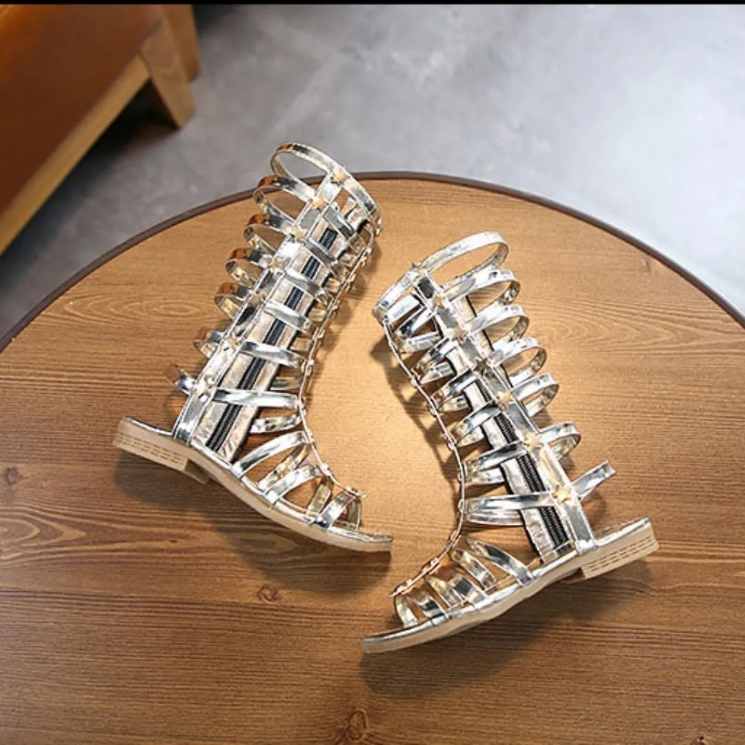 Girls Summer Knee High Rivet Gladiator Sandals Strappy Beach Roman Shoes with Side Zipper