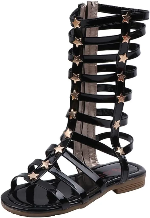 Girls Summer Knee High Rivet Gladiator Sandals Strappy Beach Roman Shoes with Side Zipper