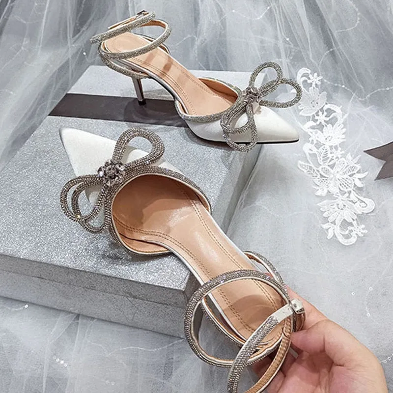 Glitter Rhinestones Women Pumps Crystal Bowknot Silk Pointed Toe Buckle Strap Thin High Heels