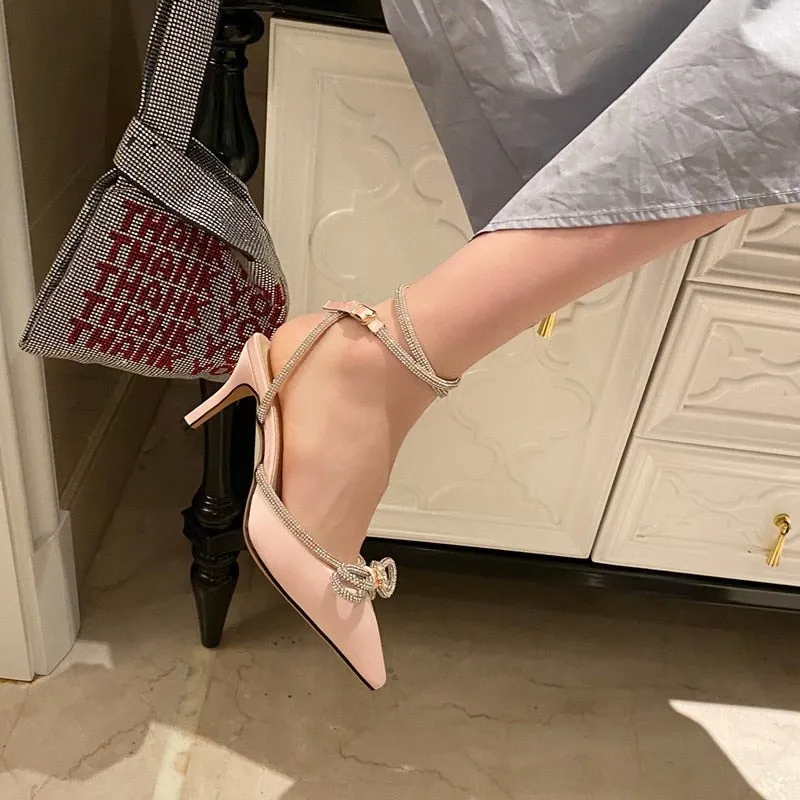 Glitter Rhinestones Women Pumps Crystal Bowknot Silk Pointed Toe Buckle Strap Thin High Heels