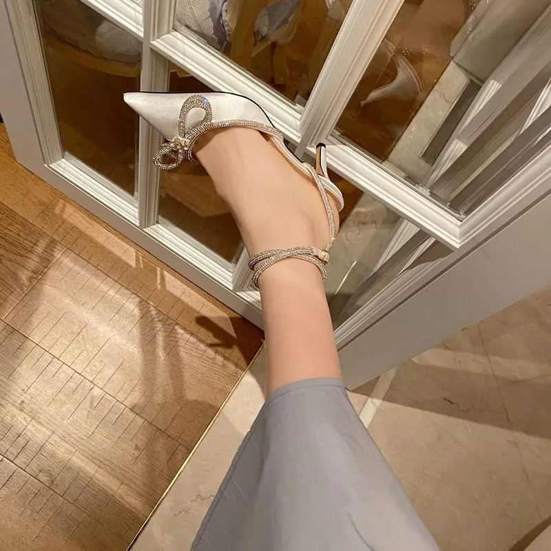 Glitter Rhinestones Women Pumps Crystal Bowknot Silk Pointed Toe Buckle Strap Thin High Heels