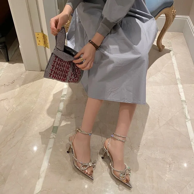 Glitter Rhinestones Women Pumps Crystal Bowknot Silk Pointed Toe Buckle Strap Thin High Heels