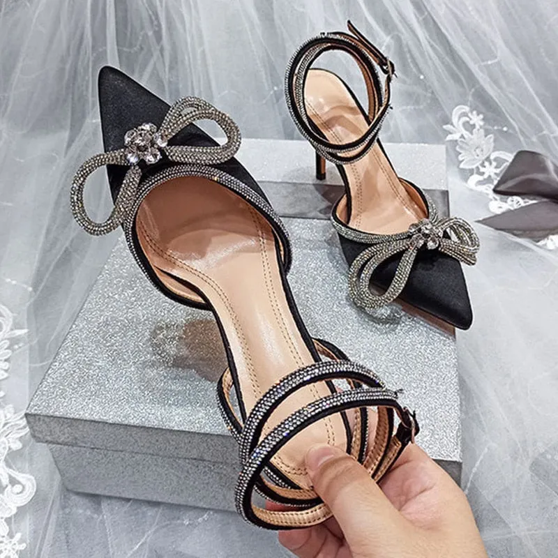 Glitter Rhinestones Women Pumps Crystal Bowknot Silk Pointed Toe Buckle Strap Thin High Heels