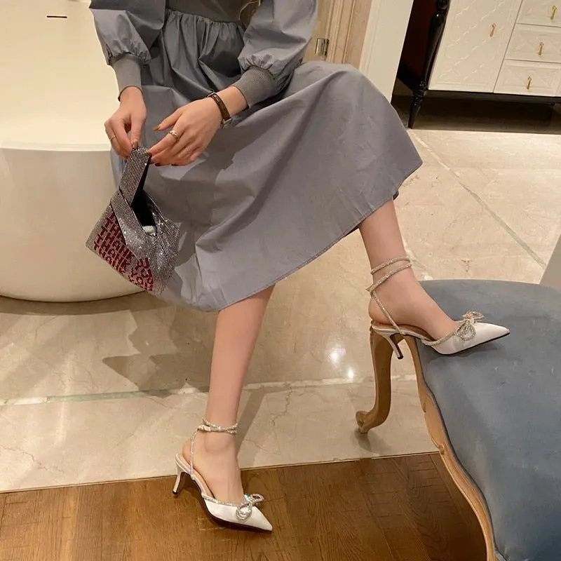 Glitter Rhinestones Women Pumps Crystal Bowknot Silk Pointed Toe Buckle Strap Thin High Heels