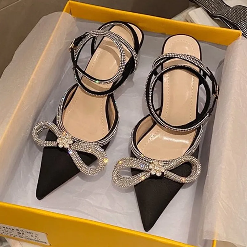 Glitter Rhinestones Women Pumps Crystal Bowknot Silk Pointed Toe Buckle Strap Thin High Heels