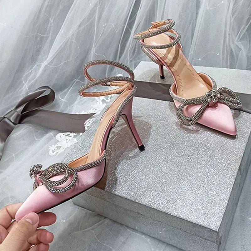Glitter Rhinestones Women Pumps Crystal Bowknot Silk Pointed Toe Buckle Strap Thin High Heels