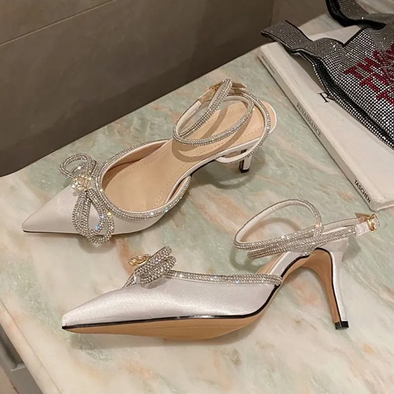 Glitter Rhinestones Women Pumps Crystal Bowknot Silk Pointed Toe Buckle Strap Thin High Heels