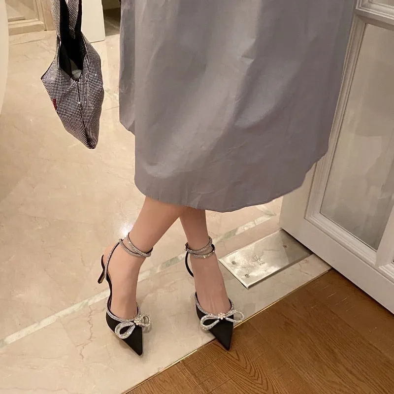 Glitter Rhinestones Women Pumps Crystal Bowknot Silk Pointed Toe Buckle Strap Thin High Heels